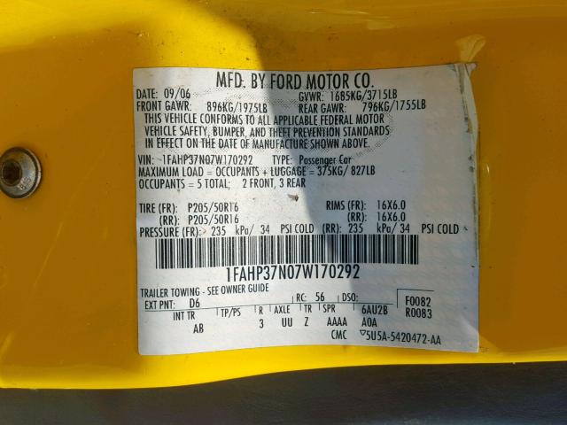 1FAHP37N07W170292 - 2007 FORD FOCUS ZX5 YELLOW photo 10