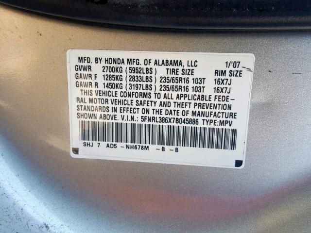 5FNRL386X7B045886 - 2007 HONDA ODYSSEY EX GRAY photo 10