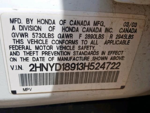 2HNYD18913H524722 - 2003 ACURA MDX TOURIN WHITE photo 10