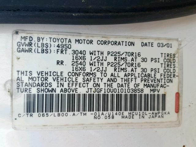 JTJGF10U010103858 - 2001 LEXUS RX 300 WHITE photo 10