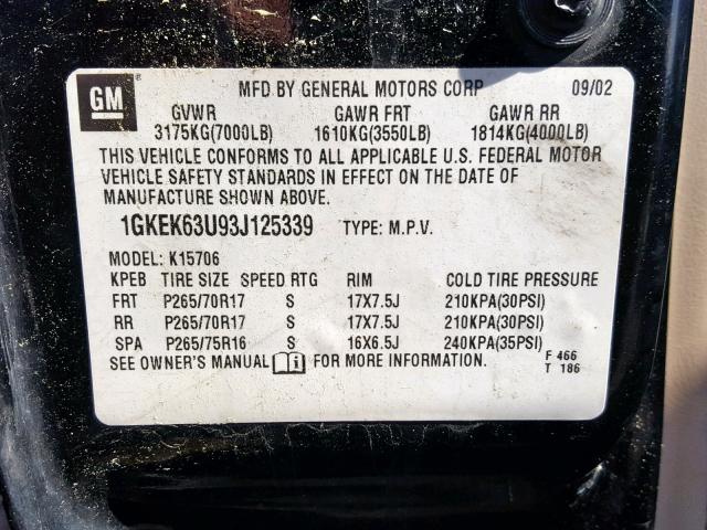 1GKEK63U93J125339 - 2003 GMC YUKON DENA BLACK photo 10