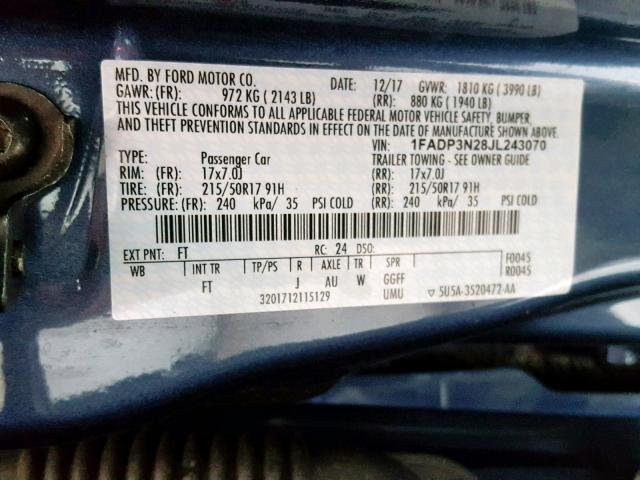 1FADP3N28JL243070 - 2018 FORD FOCUS TITA BLUE photo 10