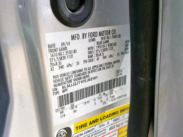 5LMJJ2JT1FEJ02191 - 2015 LINCOLN NAVIGATOR SILVER photo 10