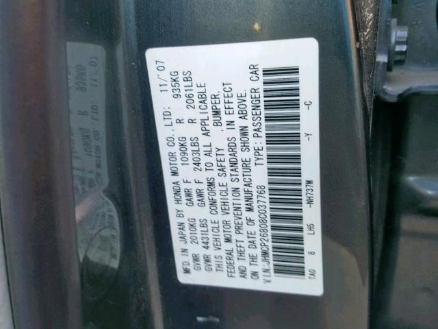 JHMCP26808C037768 - 2008 HONDA ACCORD EXL GRAY photo 10