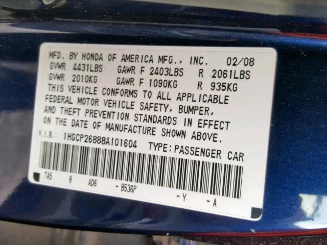 1HGCP26888A101604 - 2008 HONDA ACCORD EXL BLUE photo 10