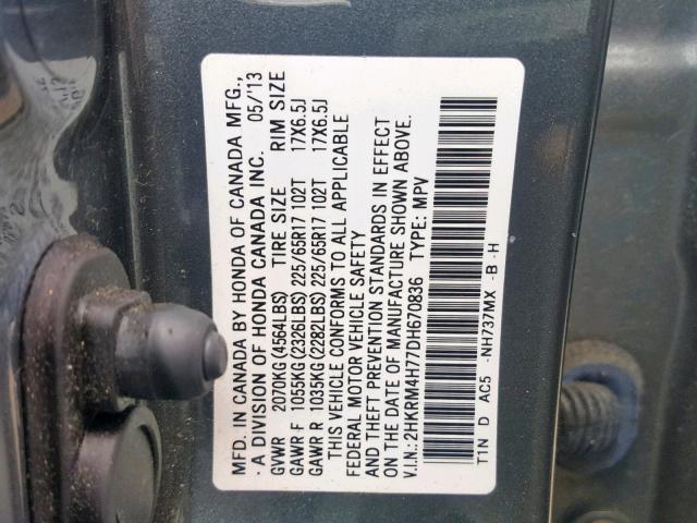 2HKRM4H77DH670836 - 2013 HONDA CR-V EXL GRAY photo 10