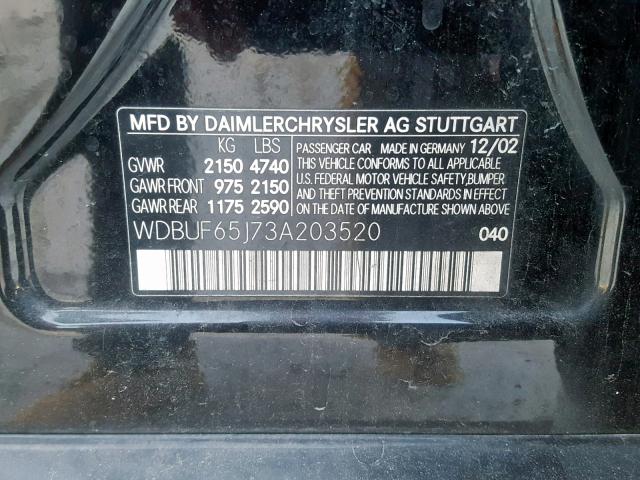 WDBUF65J73A203520 - 2003 MERCEDES-BENZ E 320 BLACK photo 10