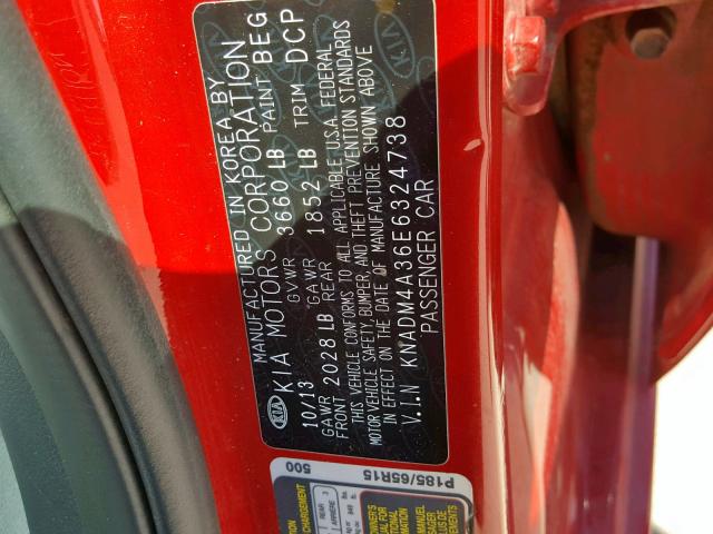 KNADM4A36E6324738 - 2014 KIA RIO LX RED photo 10