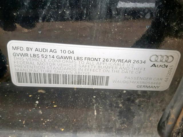 WAUDG74FX5N058466 - 2005 AUDI A6 3.2 QUA BLACK photo 10