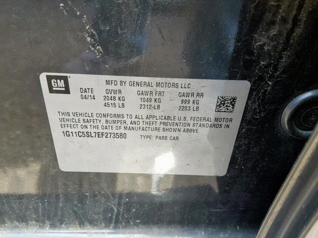 1G11C5SL7EF273580 - 2014 CHEVROLET MALIBU 1LT CHARCOAL photo 10