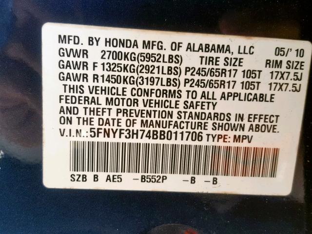 5FNYF3H74BB011706 - 2011 HONDA PILOT EXLN BLUE photo 10