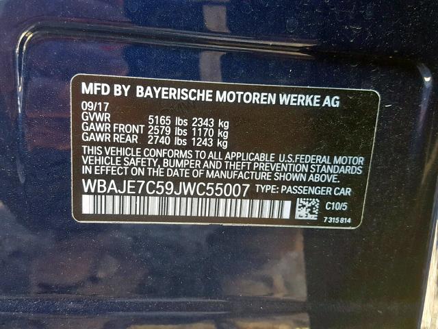 WBAJE7C59JWC55007 - 2018 BMW 540 XI BLUE photo 10