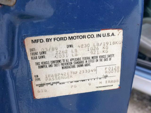 1FABP42E7KF233349 - 1989 FORD MUSTANG GT BLUE photo 10