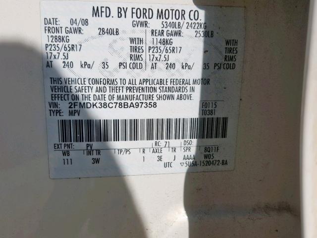 2FMDK38C78BA97358 - 2008 FORD EDGE SEL WHITE photo 10