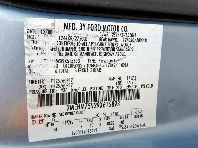 2MEHM75V29X615893 - 2009 MERCURY GRAND MARQ BLUE photo 10