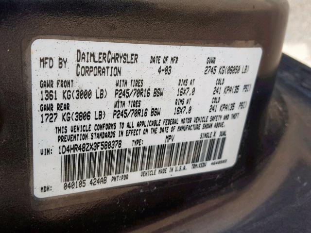 1D4HR48ZX3F580378 - 2003 DODGE DURANGO SL GRAY photo 10