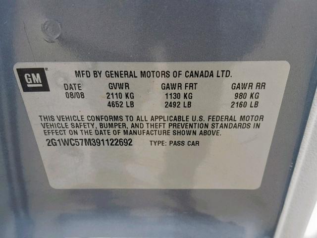 2G1WC57M391122692 - 2009 CHEVROLET IMPALA 2LT GRAY photo 10