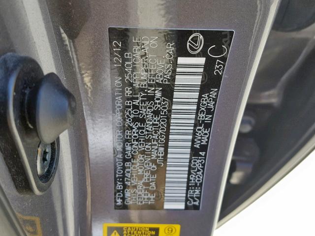 JTHBW1GG7D2015037 - 2013 LEXUS ES 300H GRAY photo 10