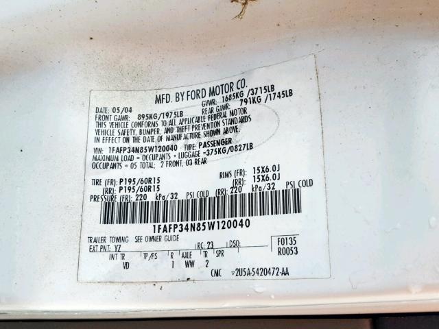 1FAFP34N85W120040 - 2005 FORD FOCUS ZX4 WHITE photo 10