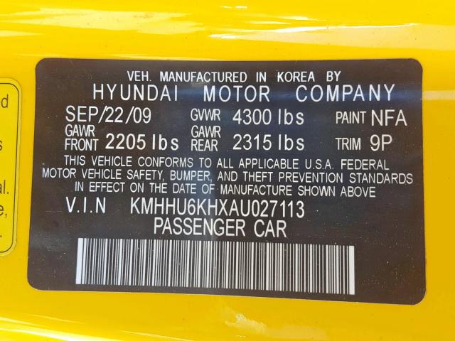 KMHHU6KHXAU027113 - 2010 HYUNDAI GENESIS CO YELLOW photo 10