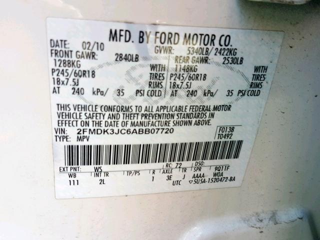 2FMDK3JC6ABB07720 - 2010 FORD EDGE SEL WHITE photo 10