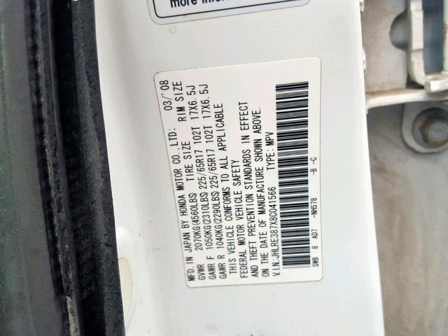 JHLRE387X8C041566 - 2008 HONDA CR-V EXL WHITE photo 10