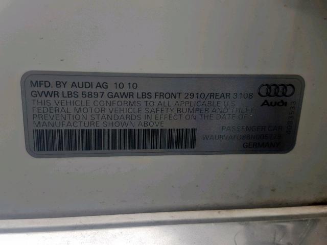 WAURVAFD8BN005779 - 2011 AUDI A8 L QUATT WHITE photo 10