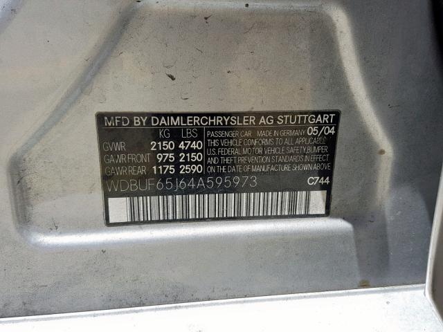 WDBUF65J64A595973 - 2004 MERCEDES-BENZ E 320 SILVER photo 10