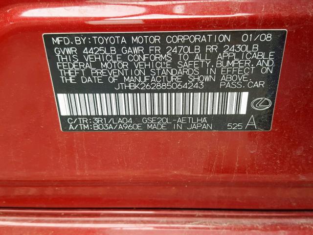 JTHBK262885064243 - 2008 LEXUS IS 250 RED photo 10