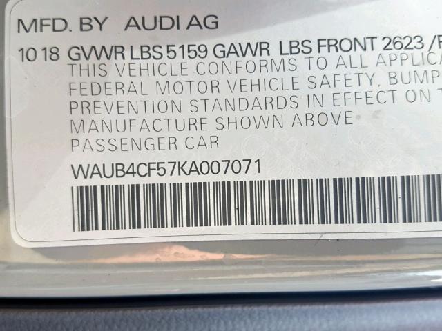 WAUB4CF57KA007071 - 2019 AUDI S5 PREMIUM GRAY photo 10