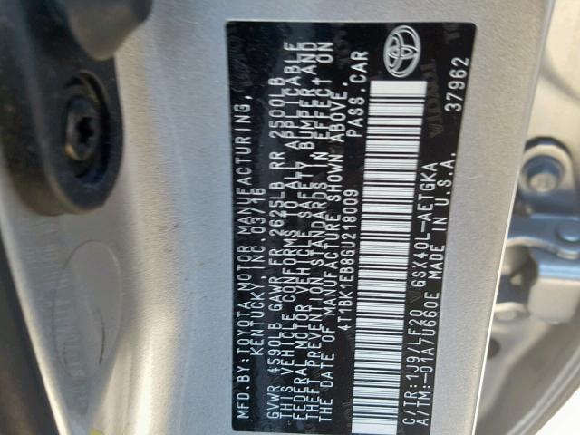 4T1BK1EB8GU218009 - 2016 TOYOTA AVALON XLE GRAY photo 10