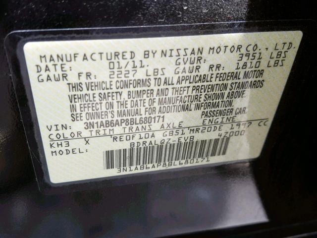 3N1AB6AP8BL680171 - 2011 NISSAN SENTRA 2.0 BLACK photo 10