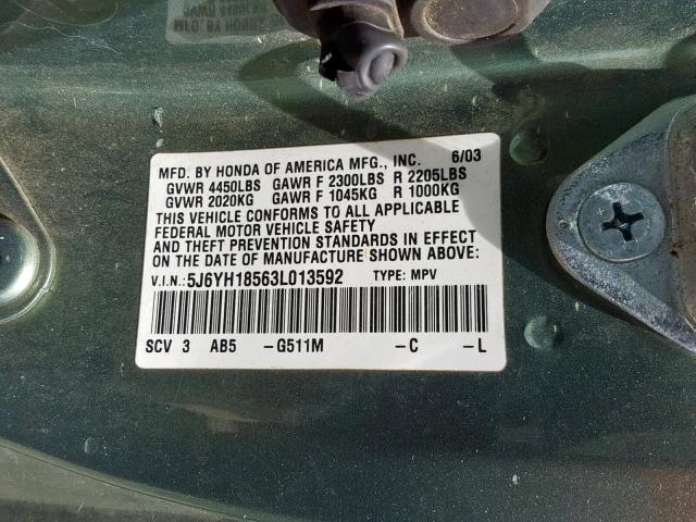 5J6YH18563L013592 - 2003 HONDA ELEMENT EX GREEN photo 10