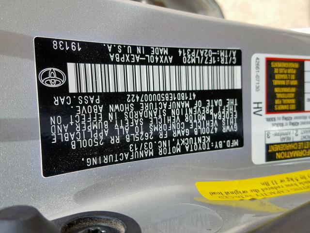 4T1BD1EB5DU007422 - 2013 TOYOTA AVALON HYB SILVER photo 10