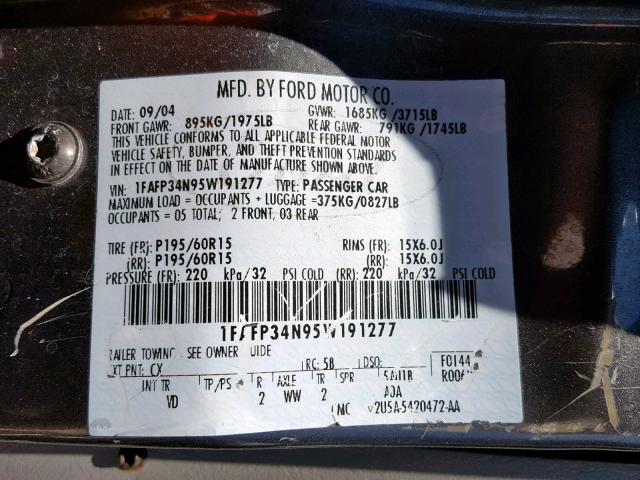 1FAFP34N95W191277 - 2005 FORD FOCUS ZX4 GRAY photo 10