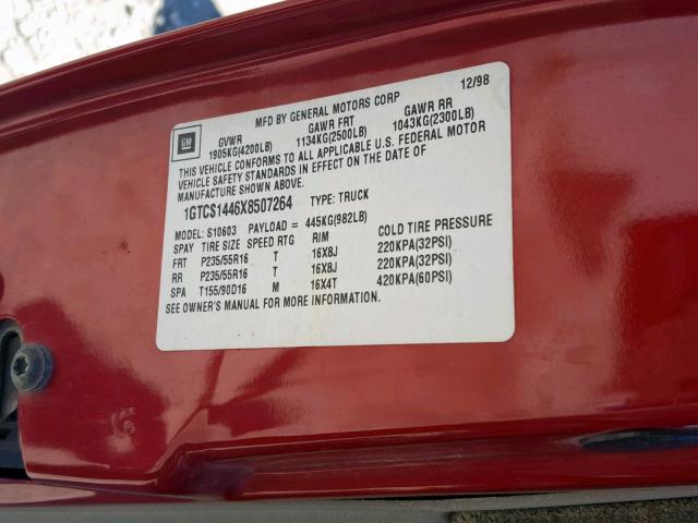 1GTCS1446X8507264 - 1999 GMC SONOMA RED photo 10