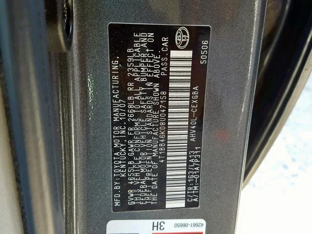 4T1BB46K08U047158 - 2008 TOYOTA CAMRY HYBR CHARCOAL photo 10