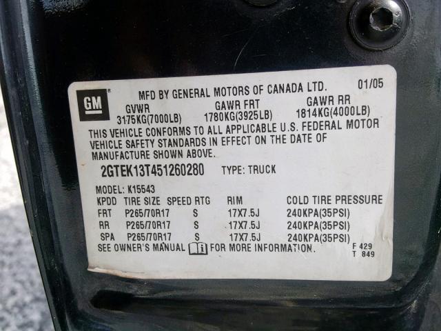 2GTEK13T451260280 - 2005 GMC NEW SIERRA BLACK photo 10