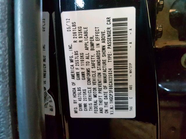 1HGCP3F86CA035634 - 2012 HONDA ACCORD EXL BLACK photo 10