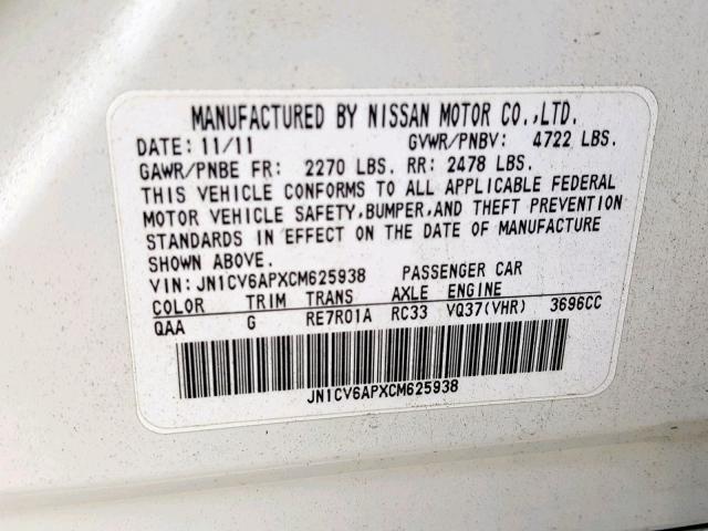 JN1CV6APXCM625938 - 2012 INFINITI G37 BASE WHITE photo 10