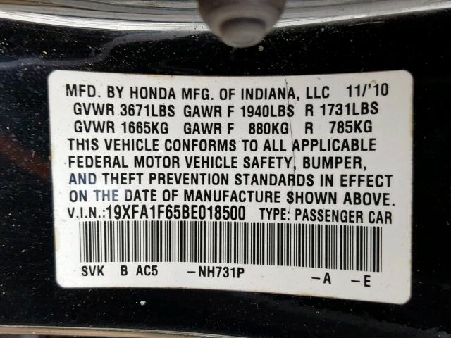 19XFA1F65BE018500 - 2011 HONDA CIVIC LX-S Qara foto 10
