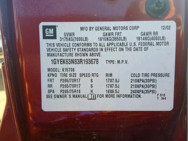 1GYEK63N83R193678 - 2003 CADILLAC ESCALADE L BURGUNDY photo 10