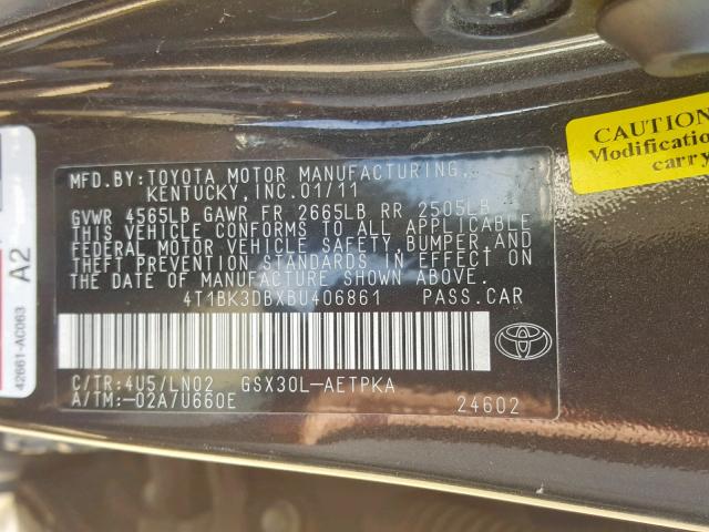 4T1BK3DBXBU406861 - 2011 TOYOTA AVALON BAS BLACK photo 10