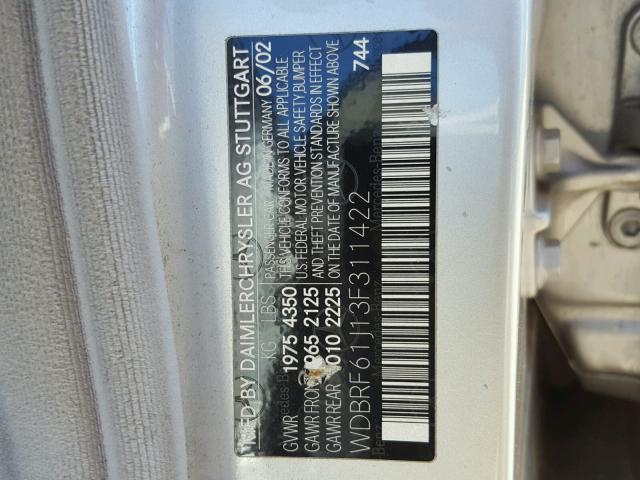 WDBRF61J13F311422 - 2003 MERCEDES-BENZ C 240 SILVER photo 10