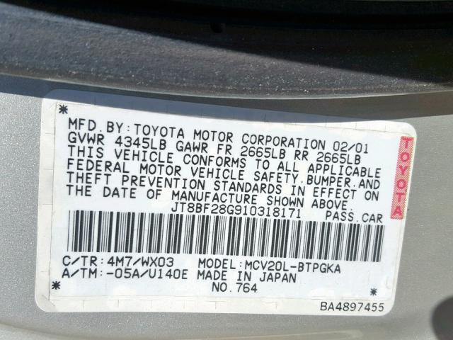 JT8BF28G910318171 - 2001 LEXUS ES 300 SILVER photo 10