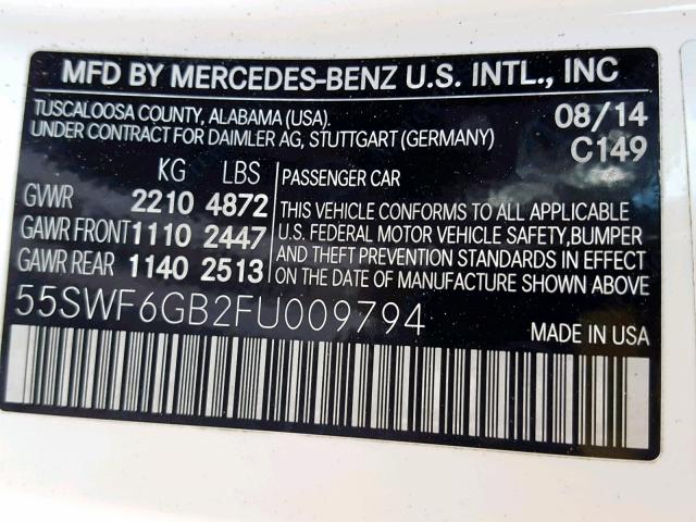 55SWF6GB2FU009794 - 2015 MERCEDES-BENZ C 400 4MAT WHITE photo 10