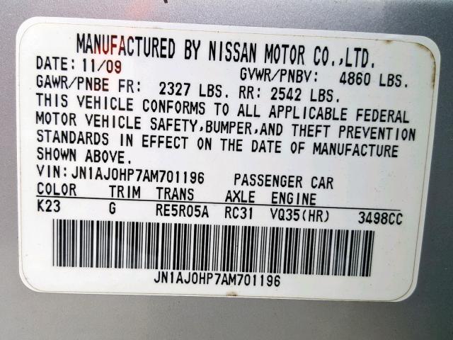 JN1AJ0HP7AM701196 - 2010 INFINITI EX35 BASE SILVER photo 10