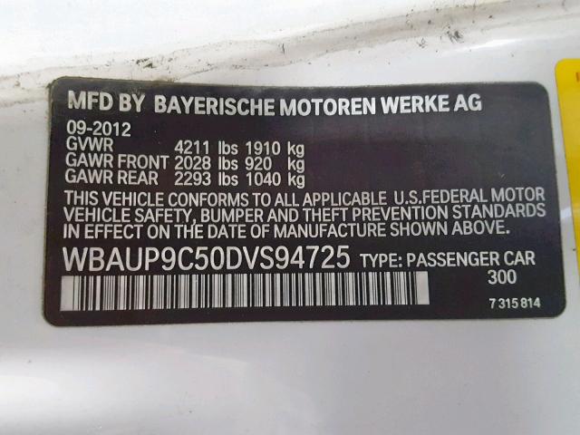 WBAUP9C50DVS94725 - 2013 BMW 128 I WHITE photo 10