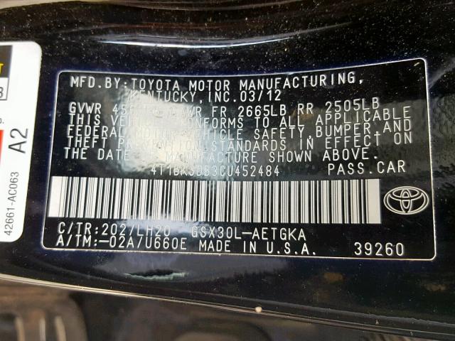 4T1BK3DB3CU452484 - 2012 TOYOTA AVALON BAS BLACK photo 10