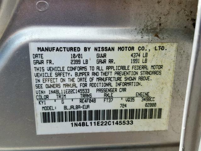 1N4BL11E22C145533 - 2002 NISSAN ALTIMA SE SILVER photo 10